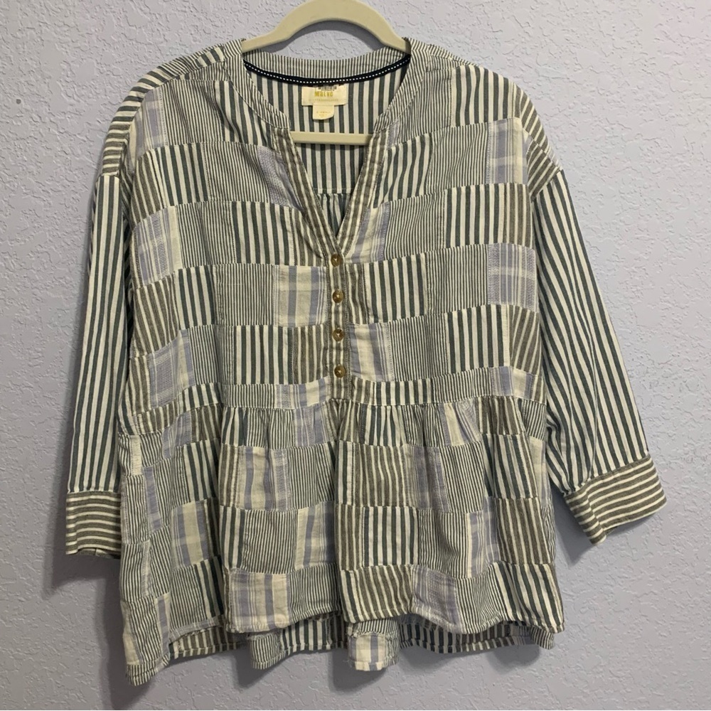 Maeve Anthropologie Blue White Patchwork Oversized Top
